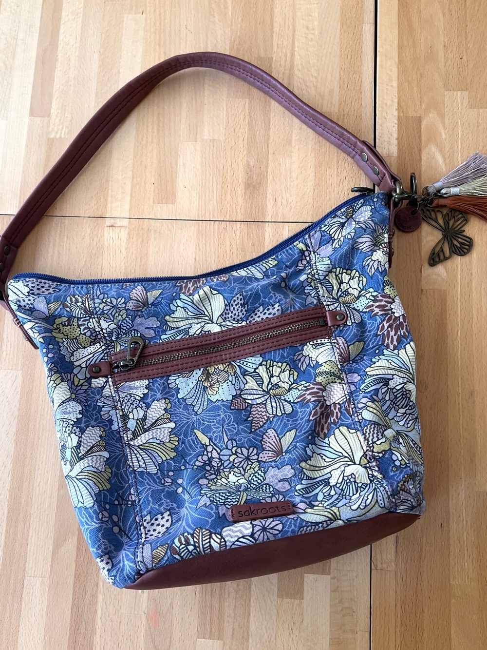 Sakroots Blue Floral Shoulder Bag with Brown Trim